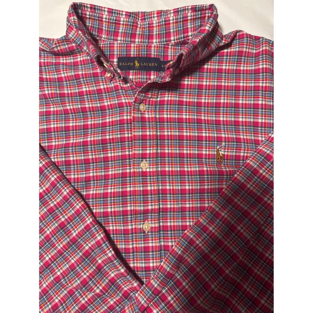 Ralph Lauren Red Blue Plaid Button Down Shirt Mens Large Long Sleeve Cotton Logo